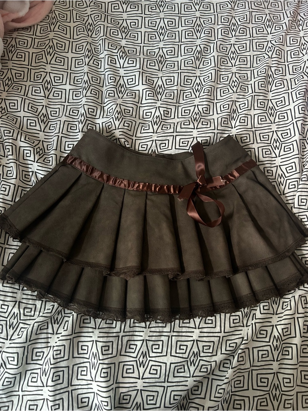 Ganesh Tiered Brown Mini Skirt with Ribbon Trim